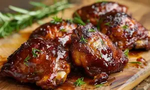 Saftiga, glaserade kycklingdelar med rosmarin på en träskärbräda. En härlig sticky chicken som ser otroligt god ut.