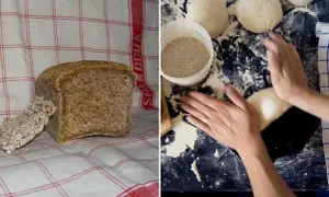 En bit hembakat surdegsbröd bredvid en deg som formas. Processen att baka med surdeg är en konst.
