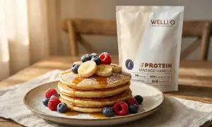 En hög med fluffiga proteinpannkakor, toppade med bär och banan. Bredvid syns en påse Wellio Vintage Vanilla proteinpulver, perfekt för ditt proteinpannkakor recept.