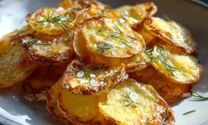 Krispiga, gyllene skivor av råstekt potatis toppas med flingsalt och färsk dill. En härlig rätt som passar till det mesta.