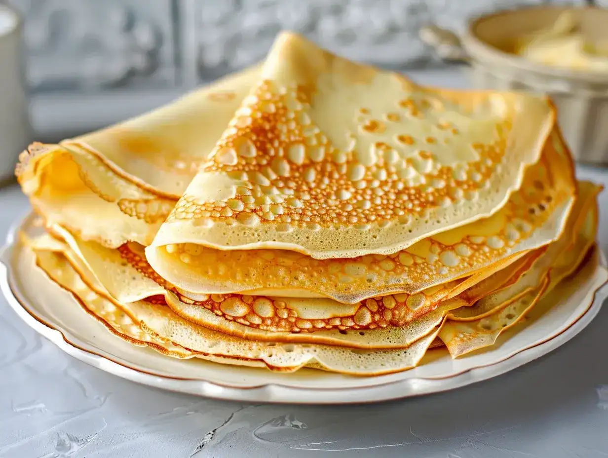 En hög med gyllene pannkakor, perfekta för ett enkelt pannkakor recept. De ser fluffiga och läckra ut, redo att serveras med sylt eller grädde.