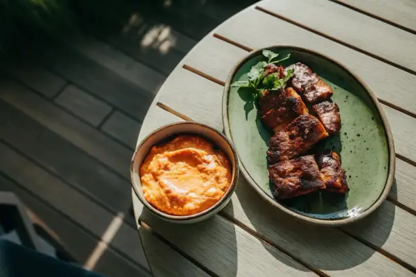 En skål med krämig röra, troligen med creme fraiche, fetaost och soltorkade tomater, bredvid en tallrik med grillad fisk.