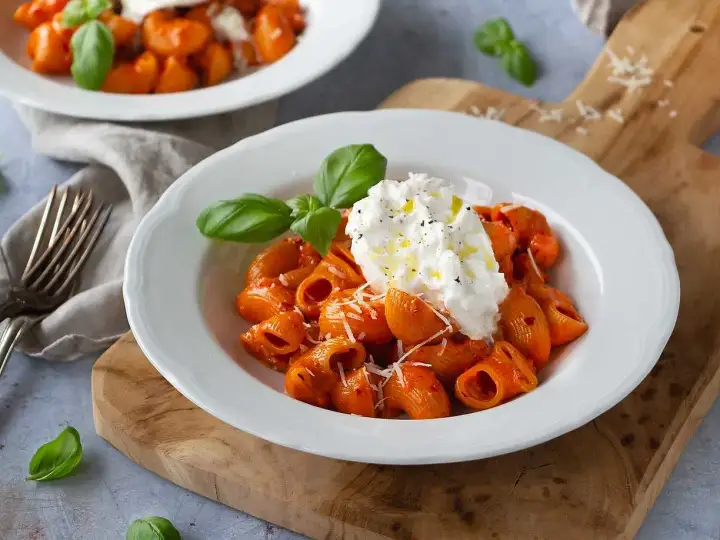 Krämig nduja pasta med burrata och färsk basilika, serverad på en vit tallrik.